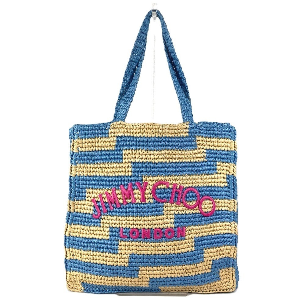 JIMMY CHOO Logo Striped Beach Tote Bag, Shoulder Raffia, Women's, Blue